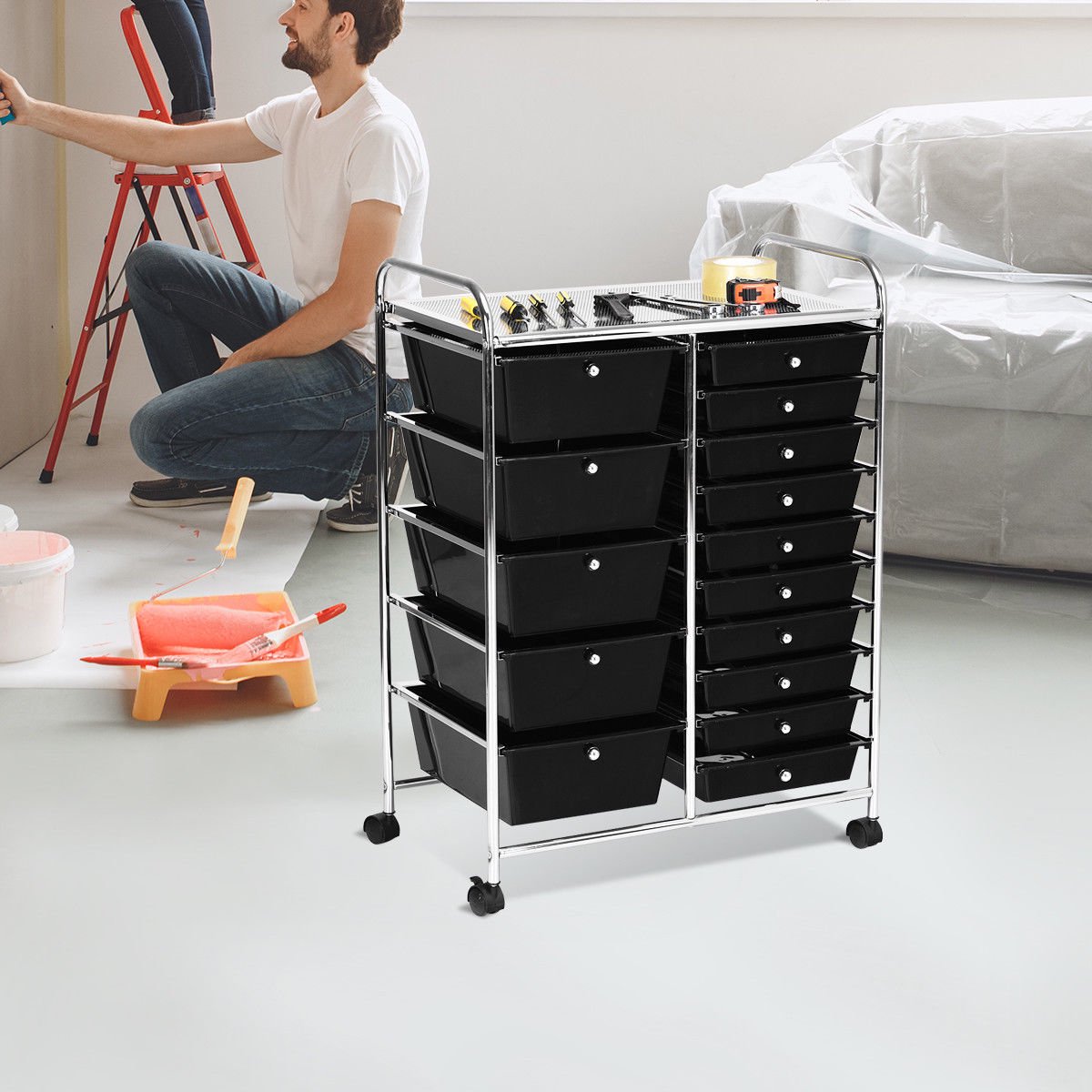 Costway 15-Drawer Rolling Organizer Cart Utility Storage Tools Scrapbook Paper Multi-Use