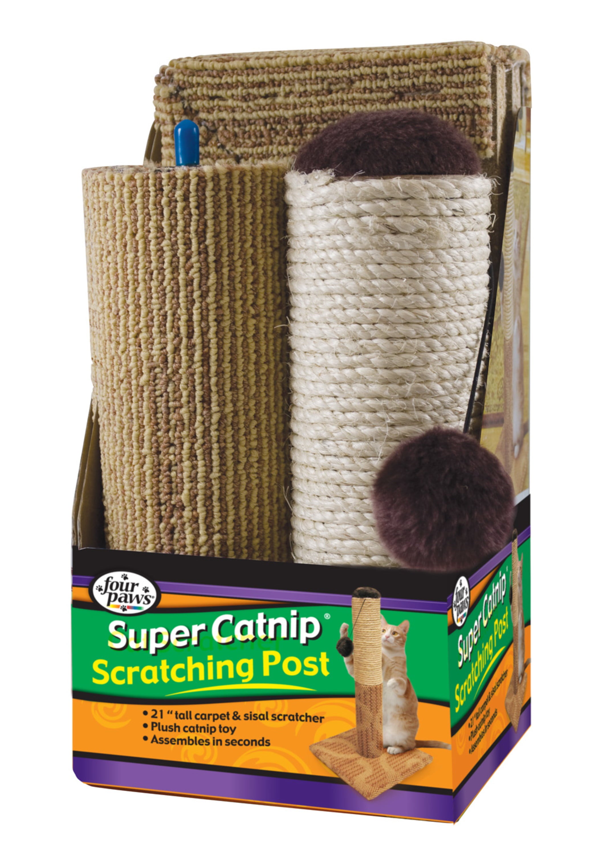 Four Paws Super Catnip Cat Scratching Post， Sisal and Carpet Scratching Post Brown 21 Inches Tall