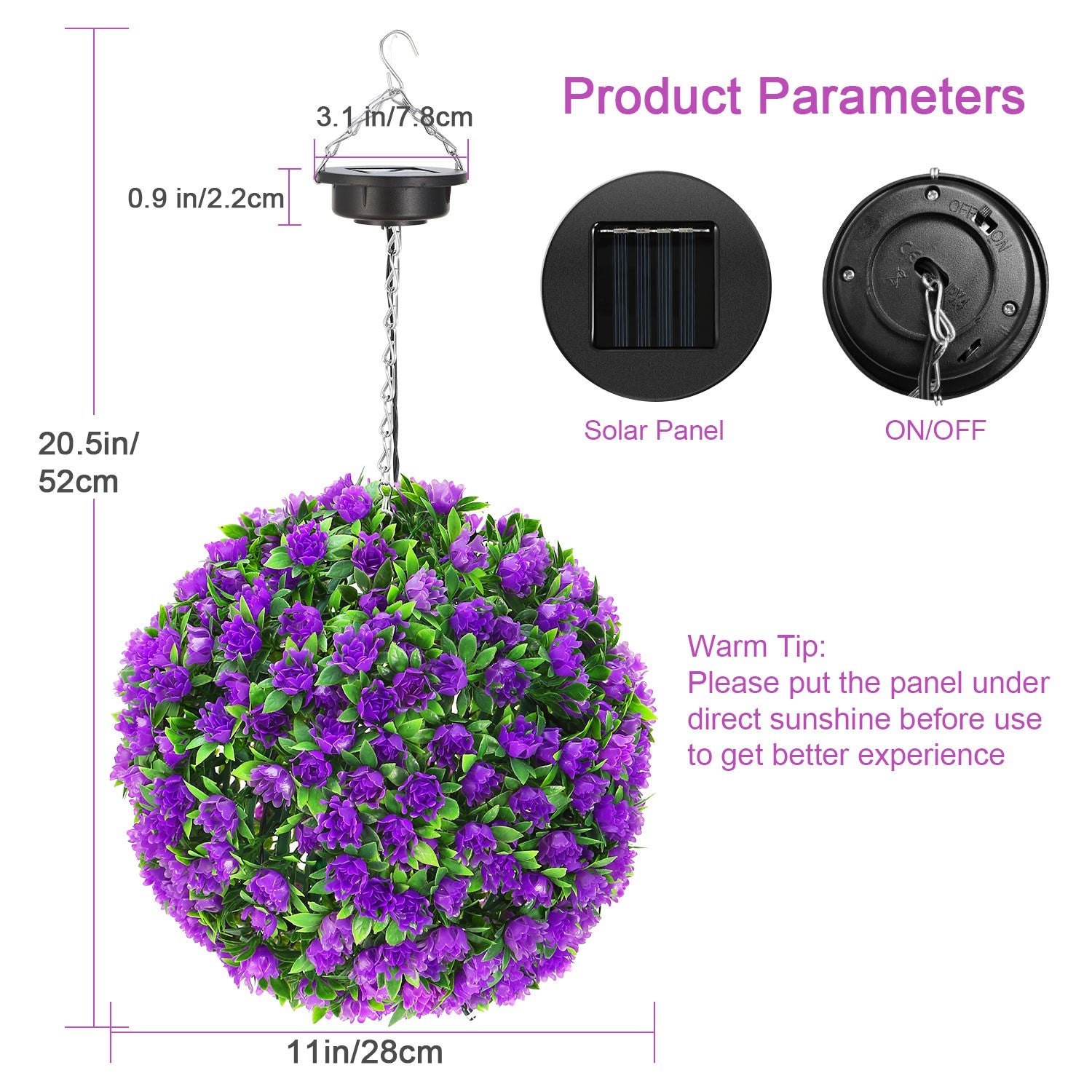 LED Solar Flower Ball Light， Artificial Rose Lantern Hanging Lam， Art Decor Holiday Party Display-Purple