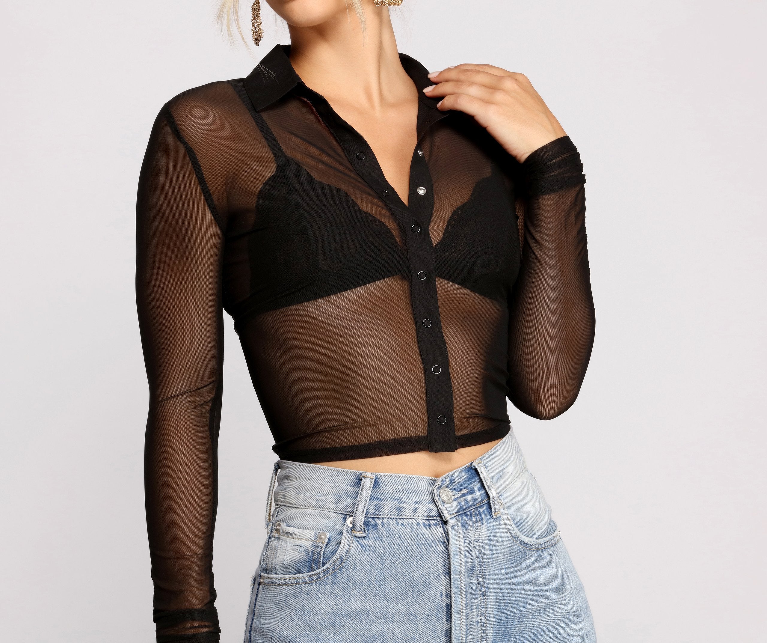 Sassy Snap Button Collared Mesh Crop Top