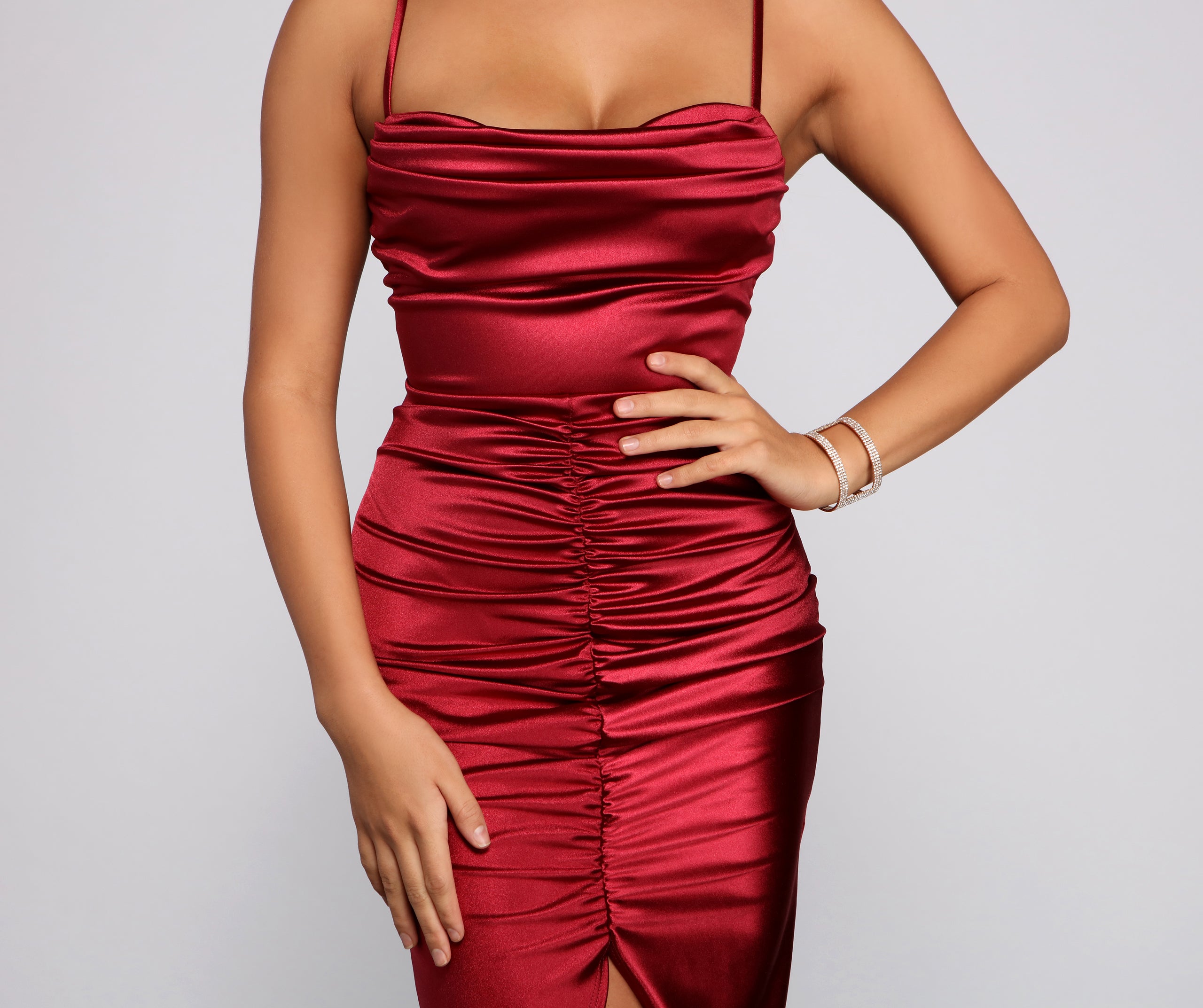 Bre Formal Satin Ruched Midi Dress