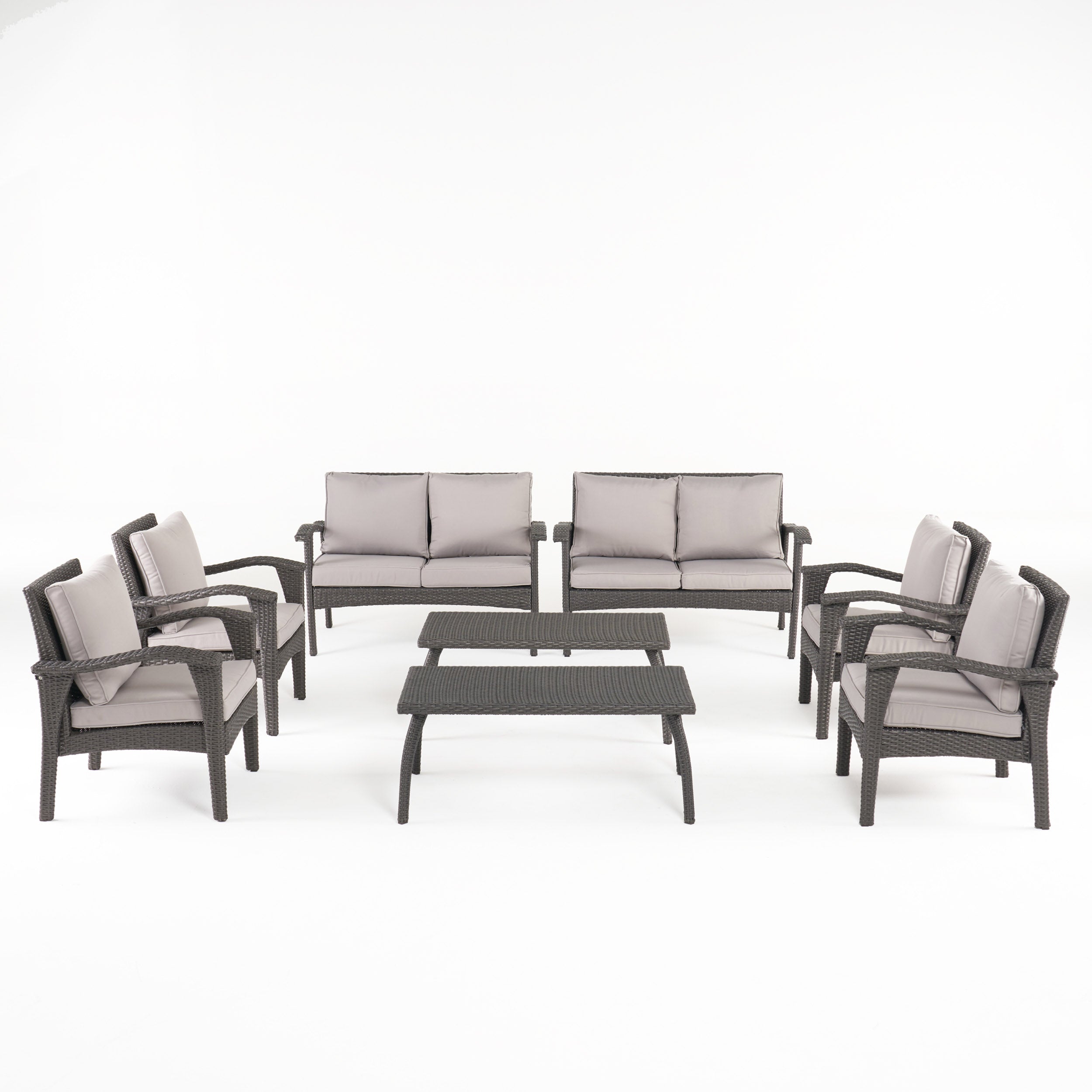 Voyage Outdoor 8 Piece Gray Wicker Chat Set with Cushions