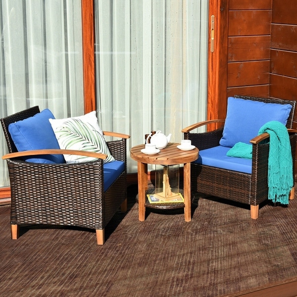 3Piece Patio Rattan Furniture Set with Solid Wood Frame