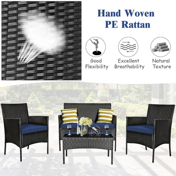 Gymax 4PCS Outdoor Furniture Set Patio Rattan Conversation Set w/ Navy