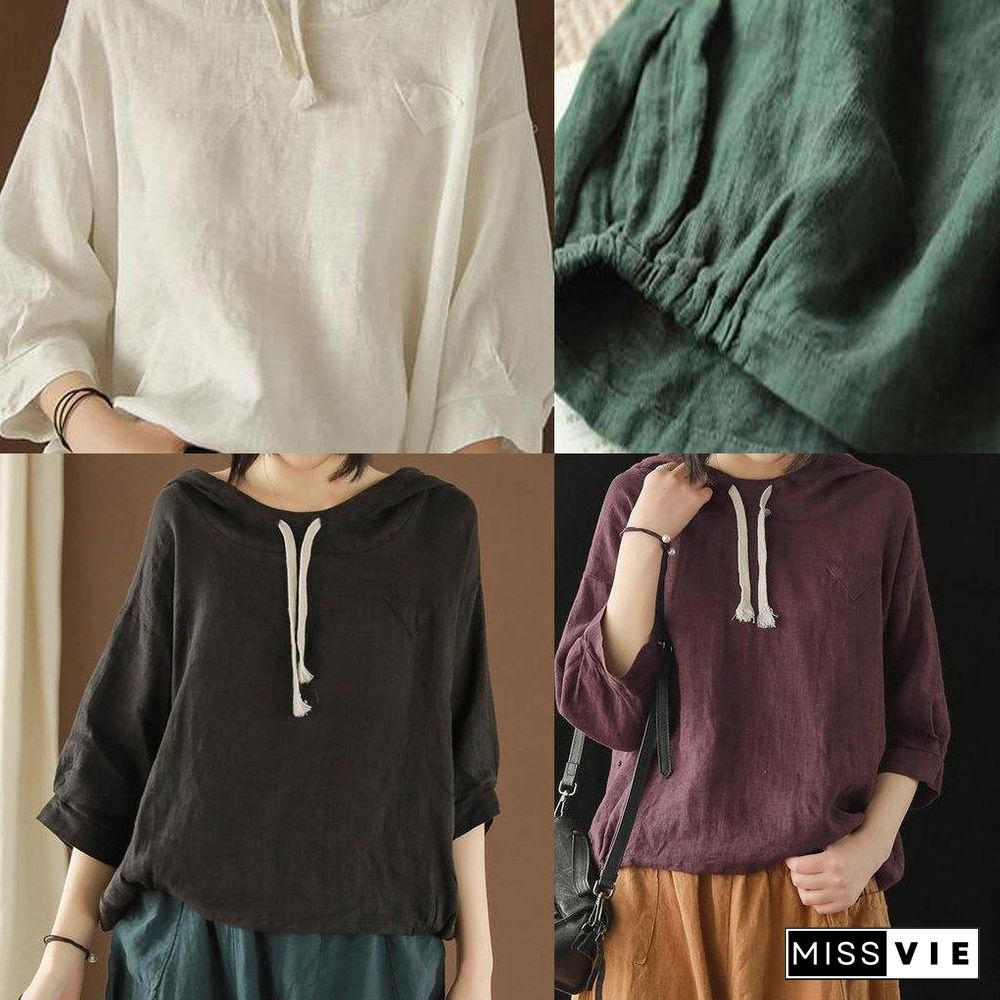 Women top silhouette Linen Summer Literary burgundy Hooded Three Quarter Sleeve T-shirt