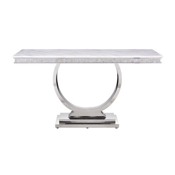 ACME Zander Sofa Table in White Printed Faux Marble and Mirrored Silver Finish