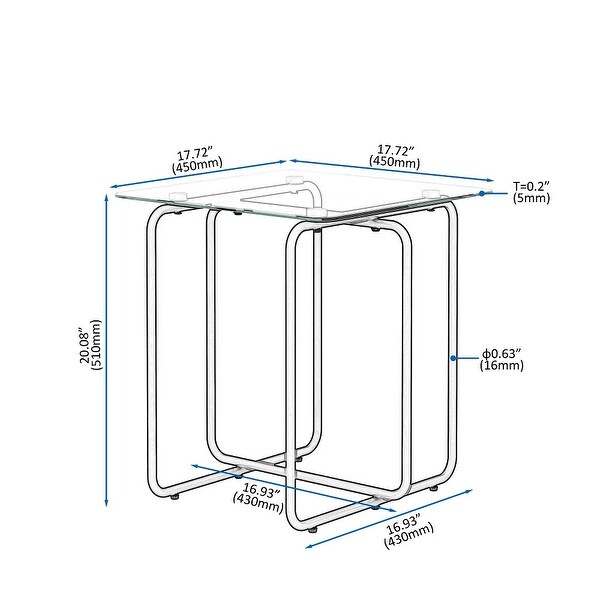 Modern Style Square Side Table with Glass Tabletop and Metal Legs