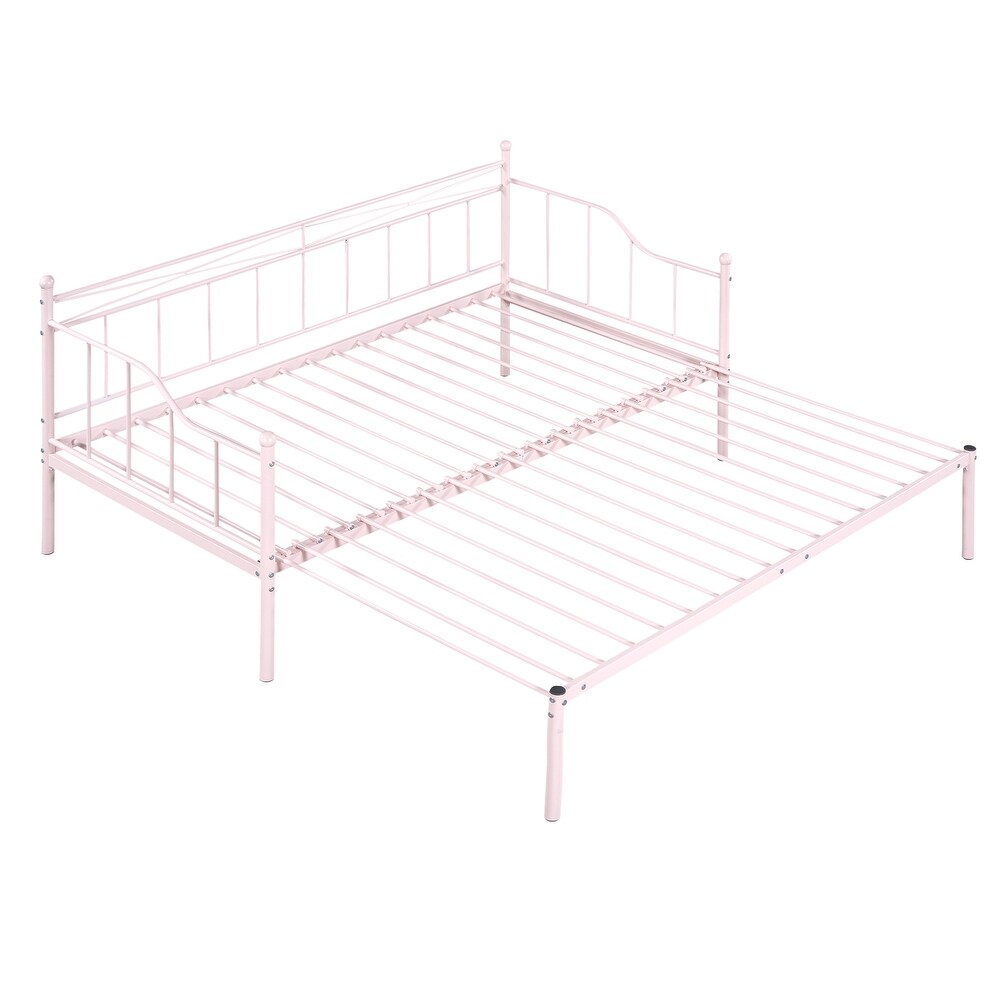 Daybed w/Pull Out Trundle  Twin Size Day Bed w/Trundle Daybed Frame Steel Slat Support Space Saving Sofa Daybeds for Kids  Pink