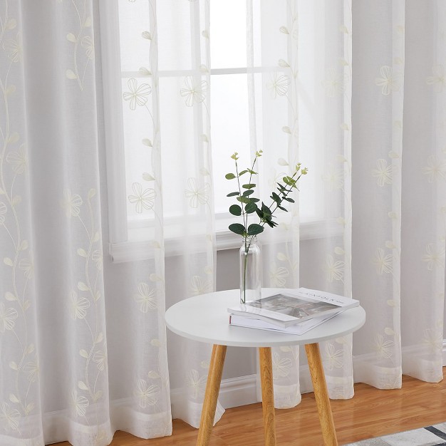 Trinity Semi Sheer Curtains 2 Panels Floral Embroidered Half Translucent Grommet Voile Drapes Farmhouse Window Treatments