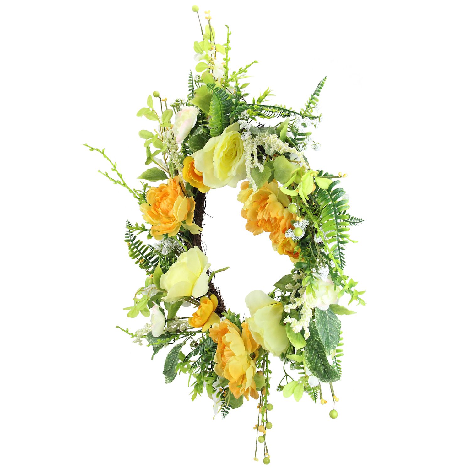 Hydrangea and Rose Artificial Floral Wreath  Yellow 24-Inch