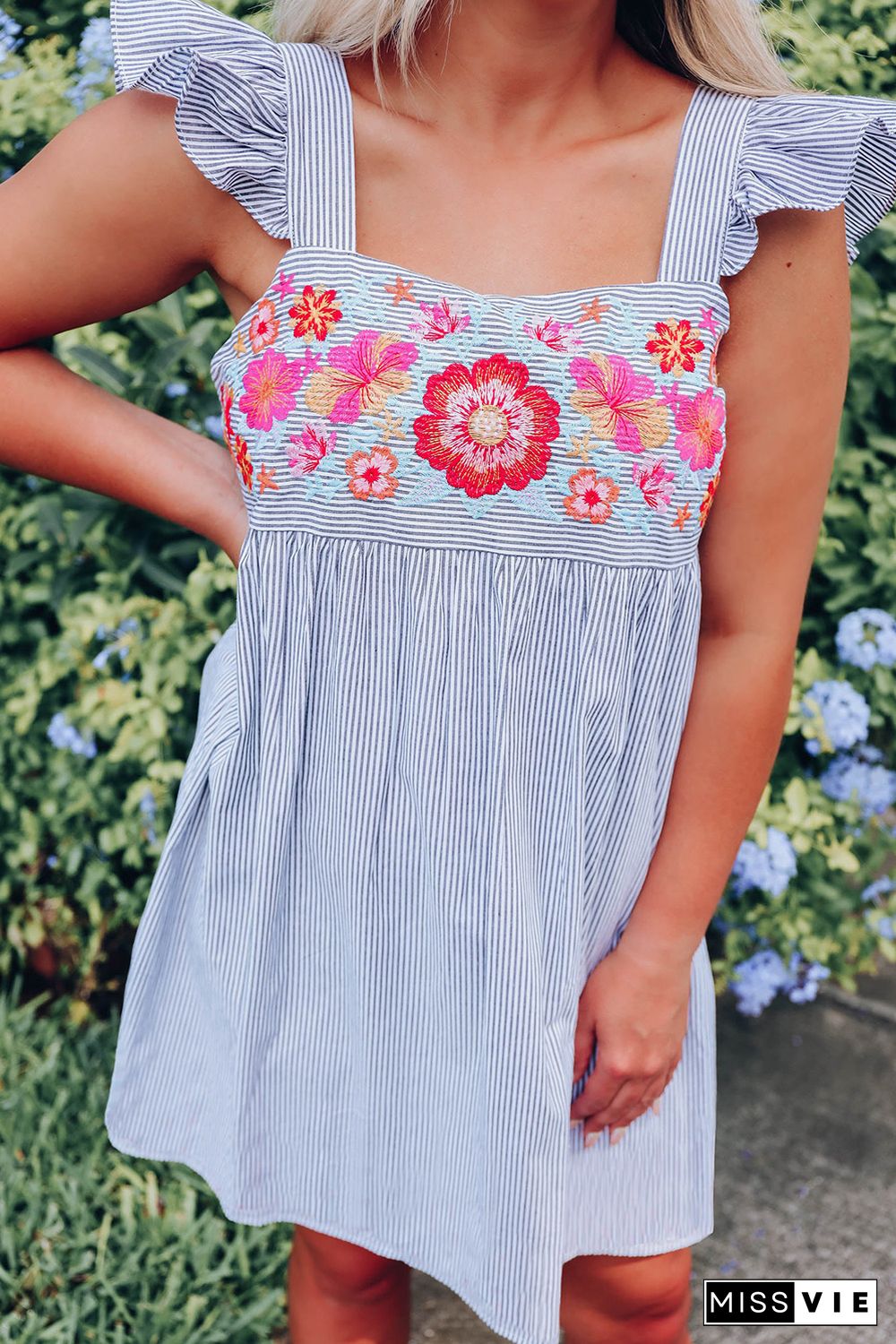 Sky Blue Floral Embroidered Striped Ruffled Sleeveless Mini Dress