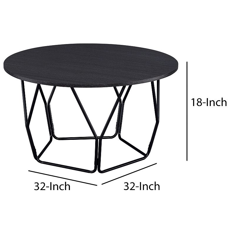 Industrial Round Top Wooden Coffee Table with Geometric Base， Black