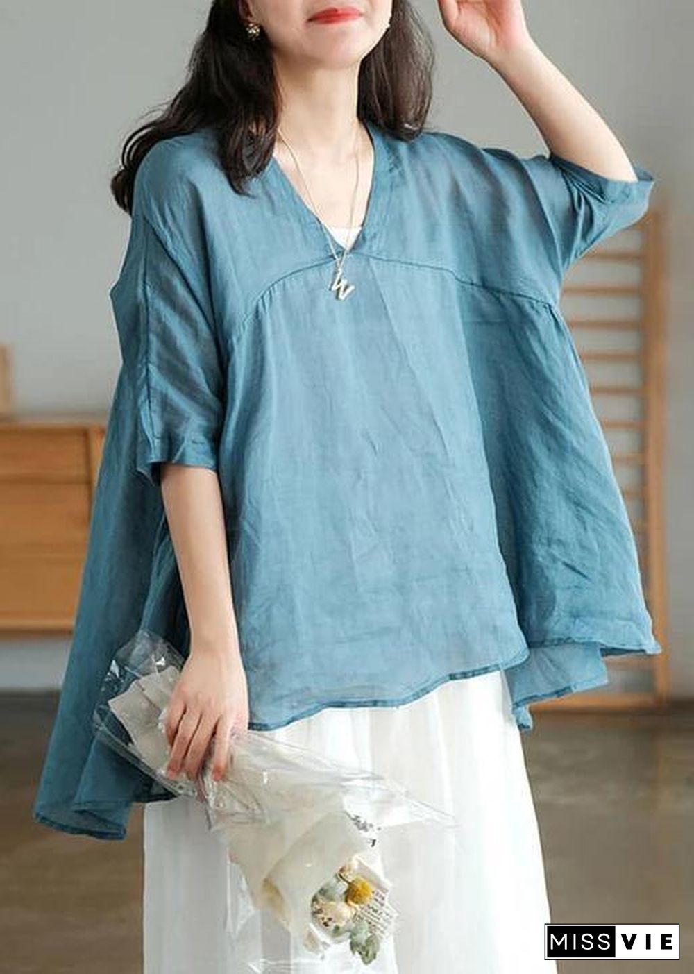 Women Ramie Lace-up Pure Color Irregular Casual T-shirt