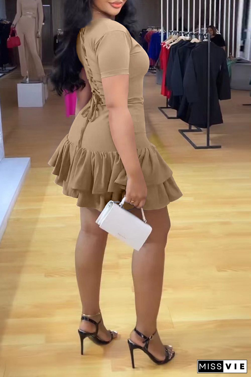 Khaki Sexy Casual Solid Flounce O Neck Cake Skirt Dresses