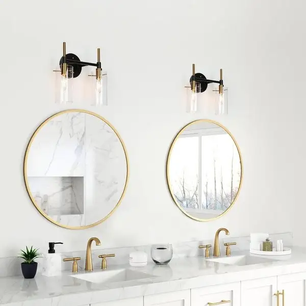 Modern Black Gold Bathroom Vanity Light Dimmable Wall Sconces with Cylinder Glass