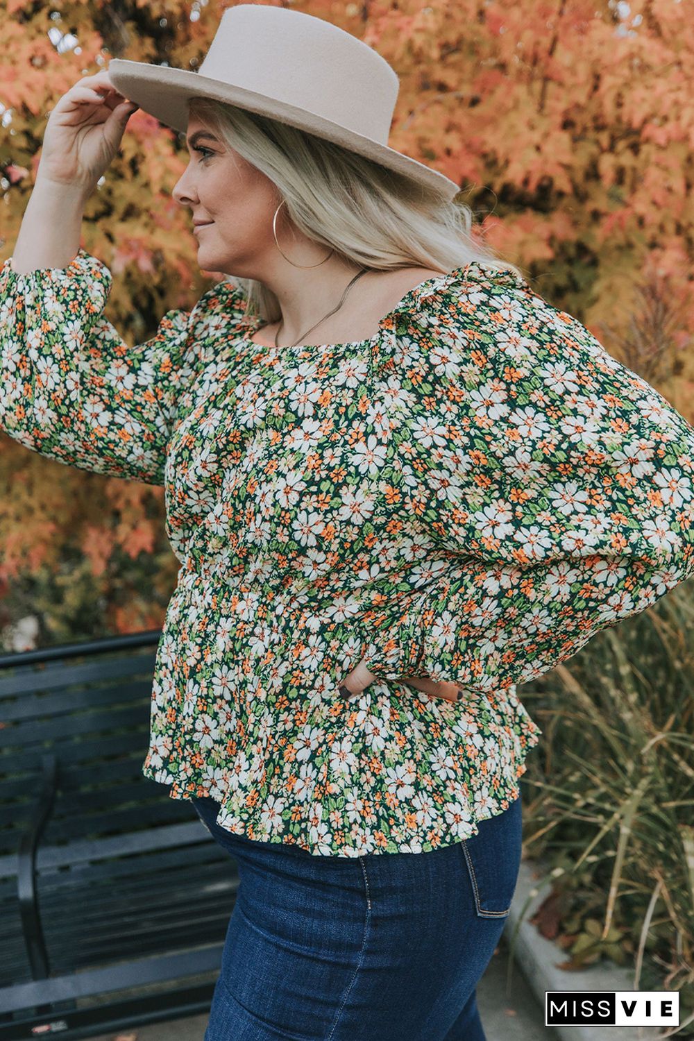 Square Neck Floral Plus Size Peplum Top