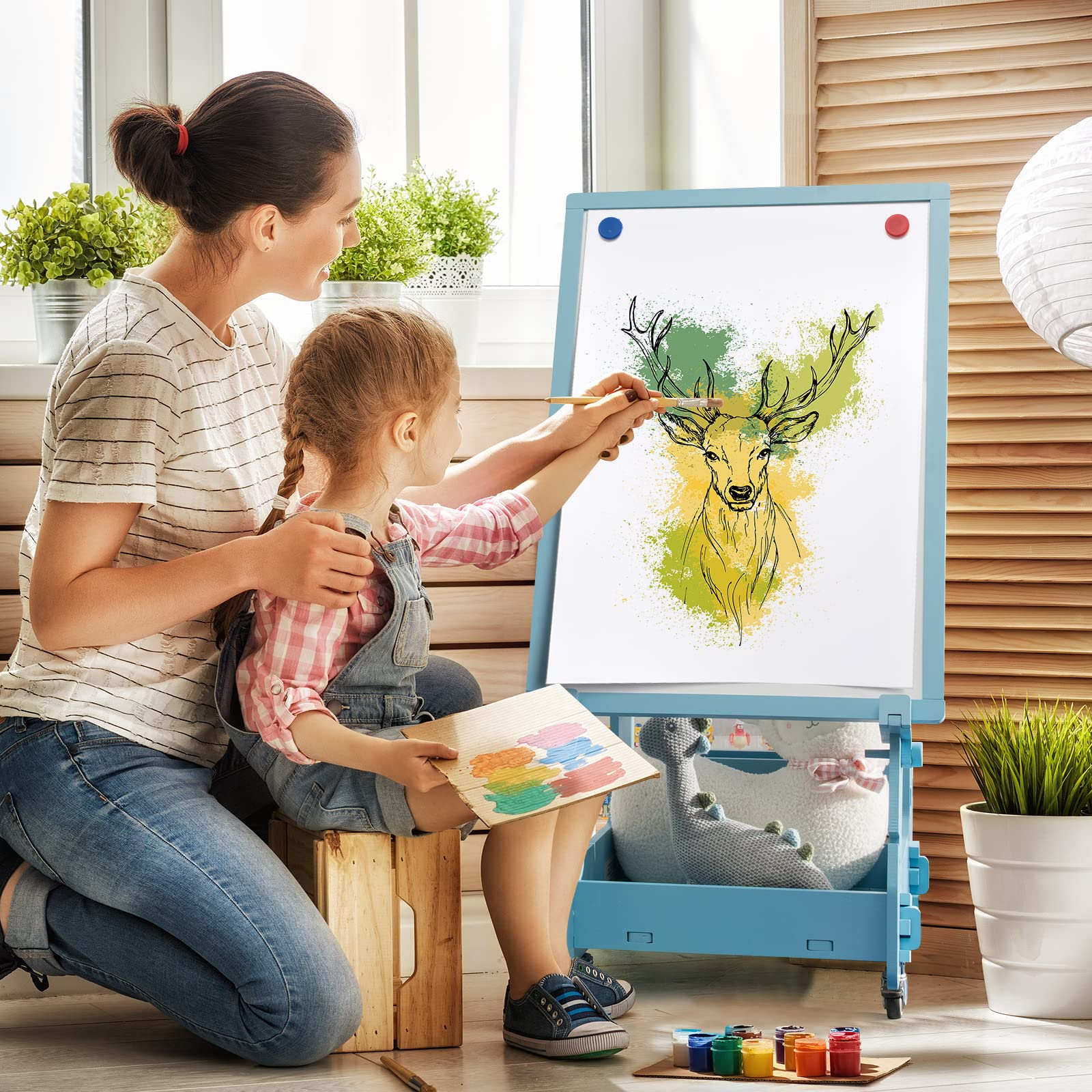 Costzon Kids Art Easel with Lockable Wheels, Height Adjustable Magnetic Removable Painting Board with Storage