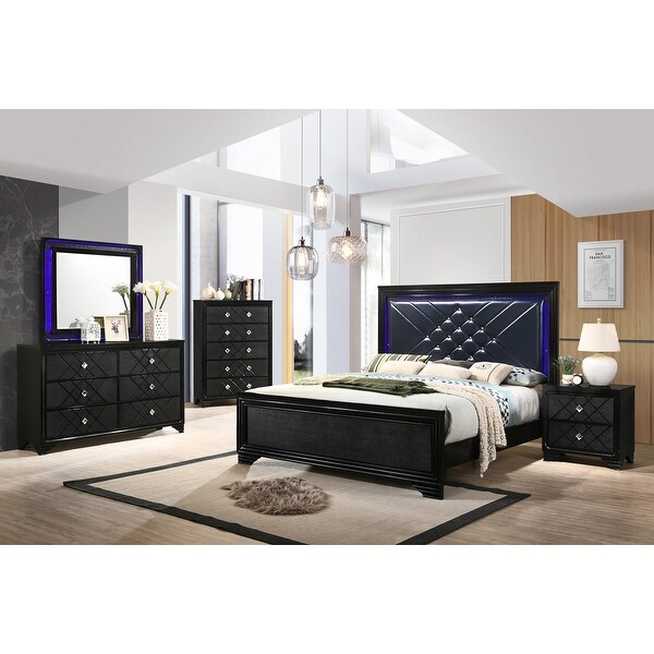 PU Queen Bedroom Set in Black and Midnight Star - - 36135745