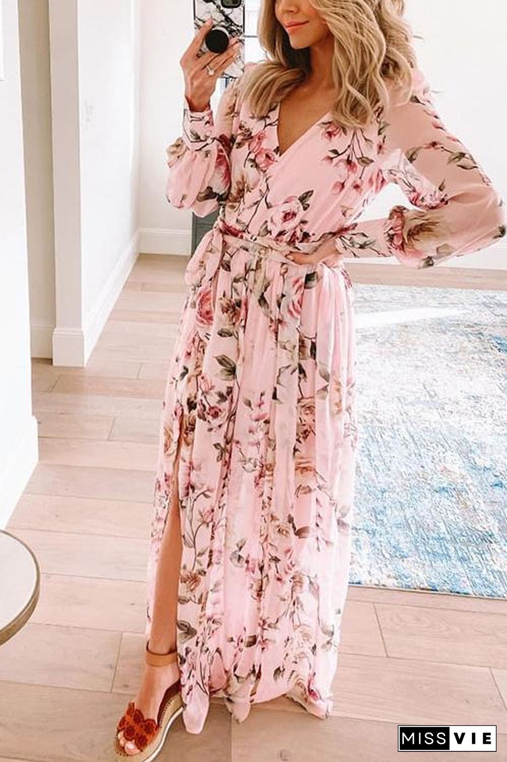 Button Puff Sleeve Belted Maxi Dress