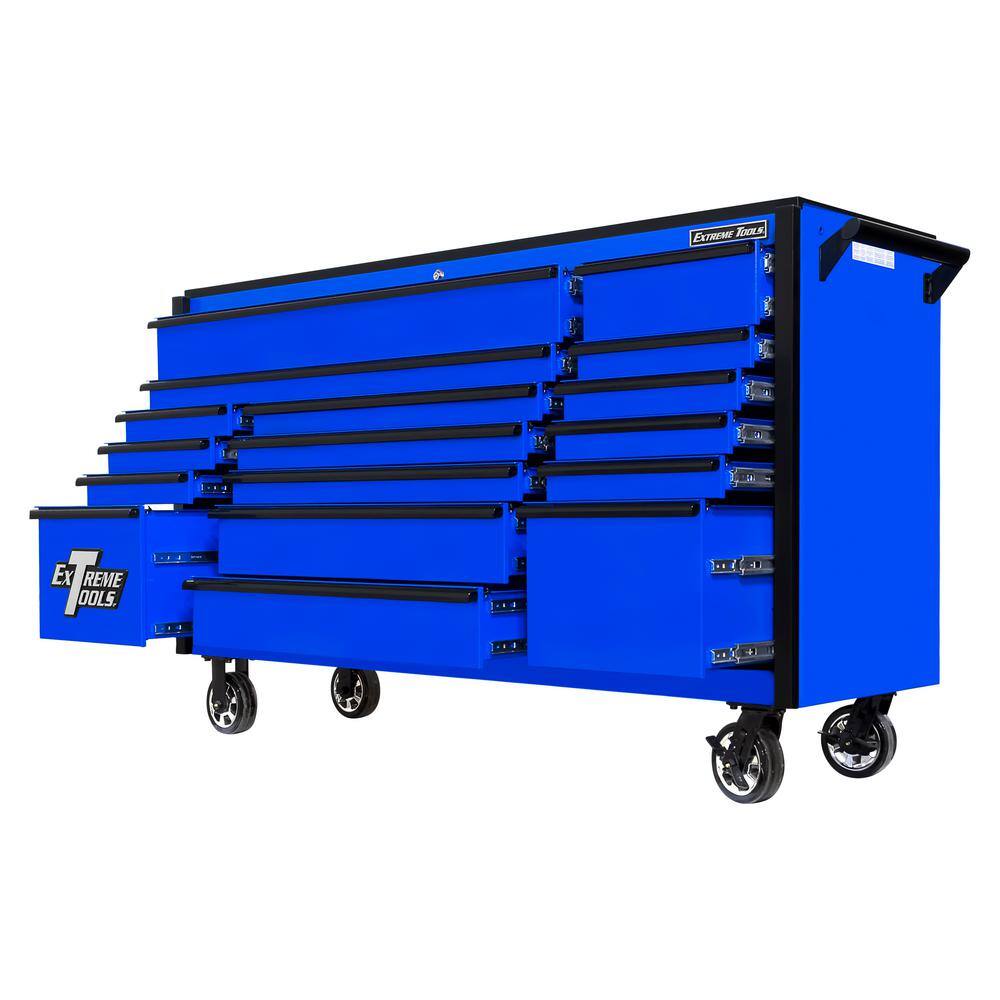 Extreme Tools DX Series 72 in. 17-Drawer Roller Cabinet Tool Chest in Blue with Mag Wheels and Black Drawer Pulls DX722117RCBLBK