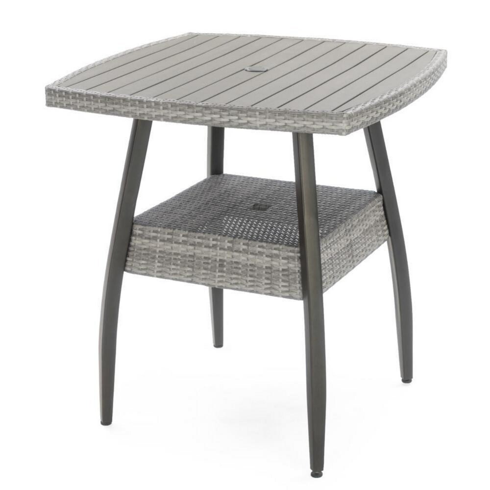 Max 38 Inch Outdoor Bar Table  Gray Faux Wood Frame  Woven Resin Wicker   38L x 38W x 42H  in inches