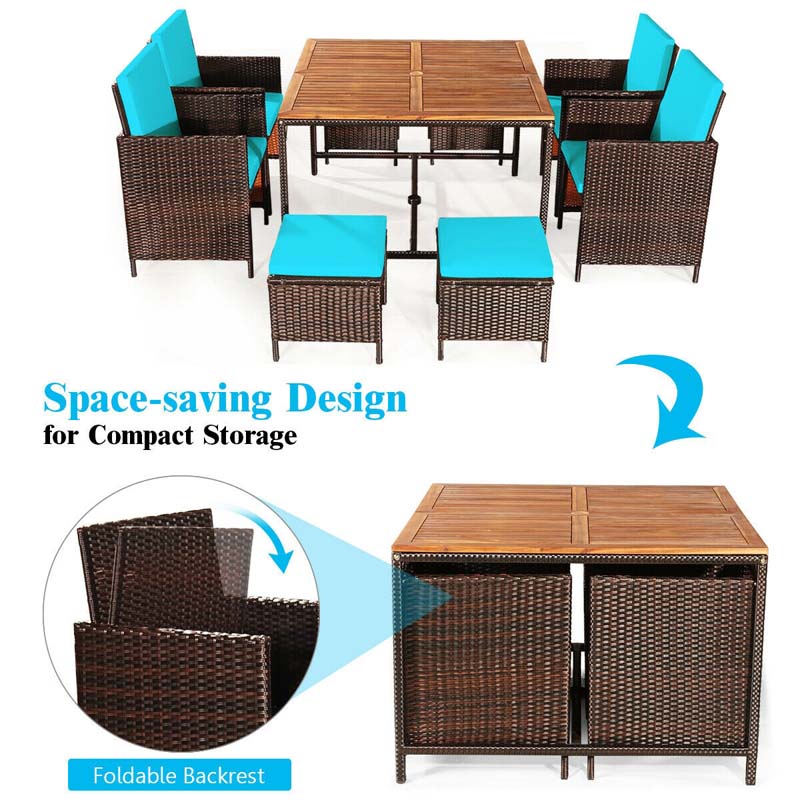 9 Pcs Rattan Wicker Outdoor Patio Dining Set with Acacia Wood Dining table, 4 Ottomans, 4 Cushioned Armchairs