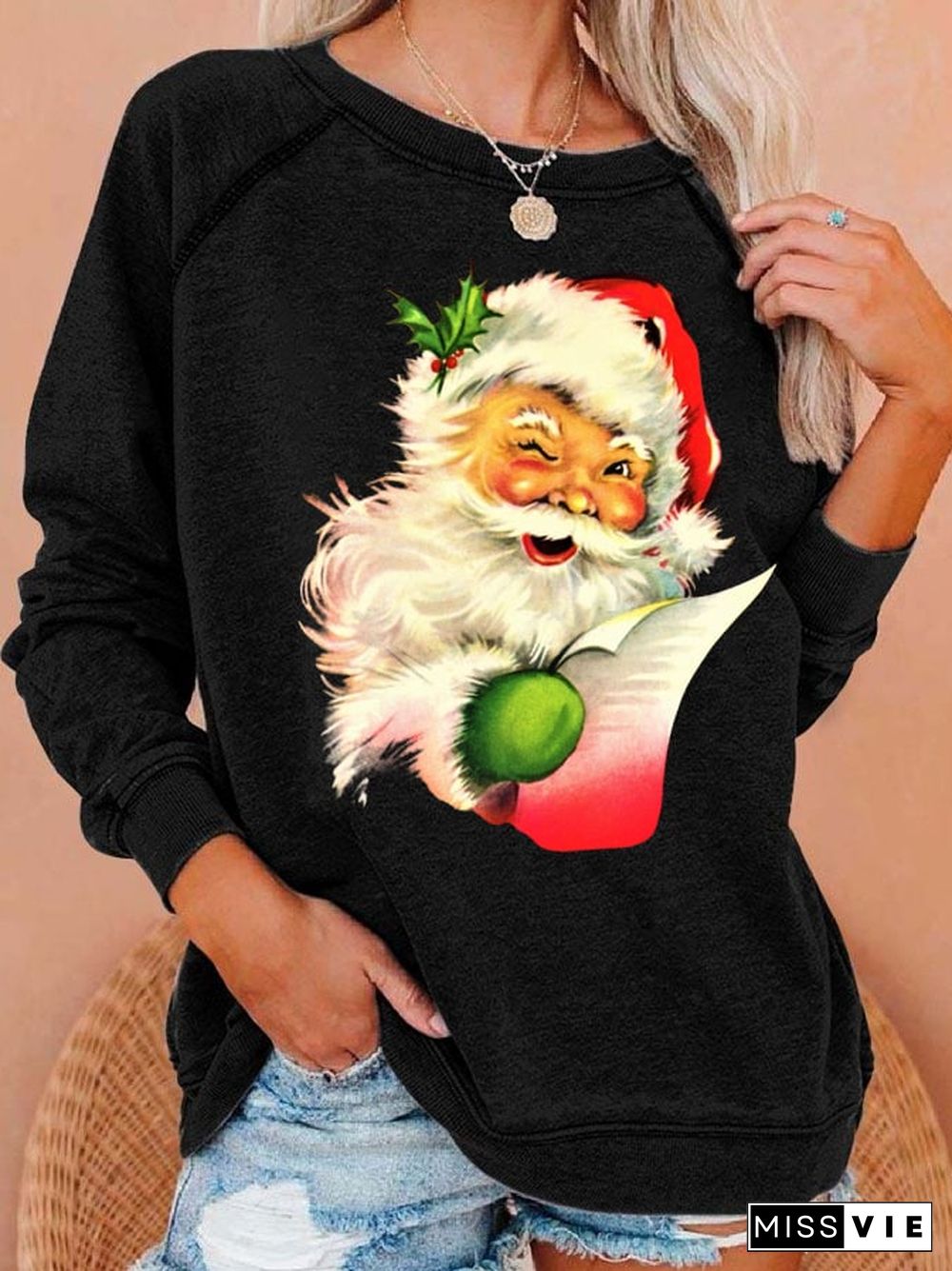 Women'S Santa Claus Print Crew Neck Sweatshirt