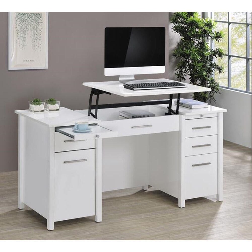 Shore Modern White Lift Top Design Home Office Computer Desk with Drawers and Cabinet