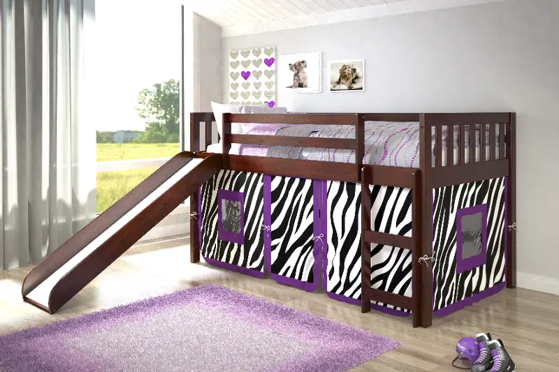 Mission Loft Cappuccino Twin Bed with Purple Zebra Tent