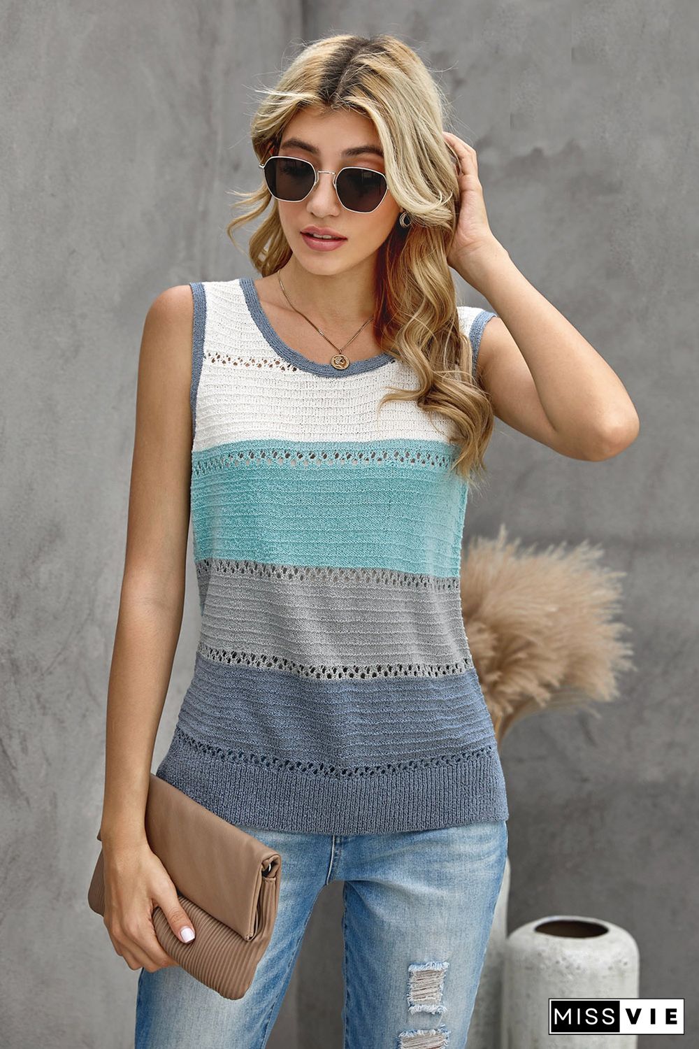 Sky Blue Color Block Knitted Tank Top