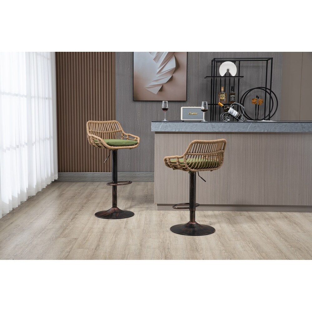 Bar Stools Set of 2 Adjustable Counter Height Dining Chairs  360掳 Swivel Bar Chairs with Rattan Back Linen Cushion   Footrest