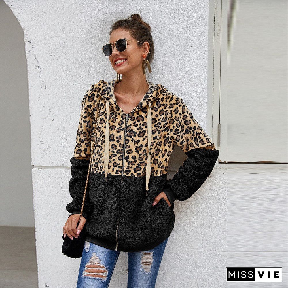 Autumn Winter Women Sweatshirt Hooded Leopard Hoodies Casual Zipper Long Sleeve Hoodie Fashion Velvet Tops Warm Coat Streetwear