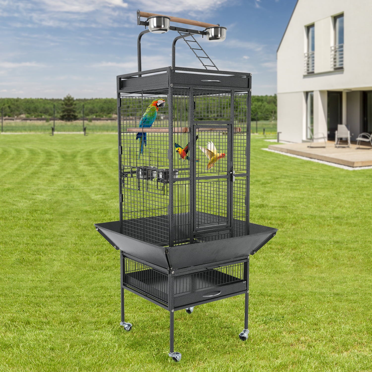 NiamVelo 61’’Large Iron Birdcage Wrought Parrot Cage with Play Top and Rolling Stand for Parakeets and Lovebirds，Black