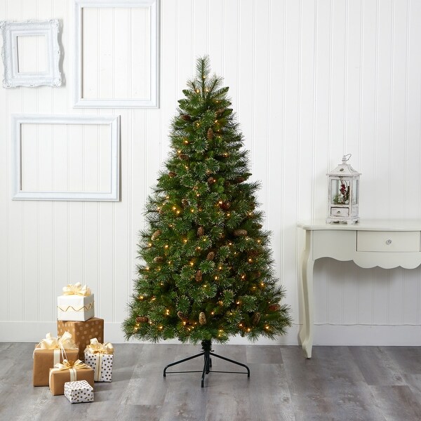 6' Golden Tip Washington Pine Artificial Christmas Tree with 250 Clear Lights，Pine Cones and 750 Bendable Branches