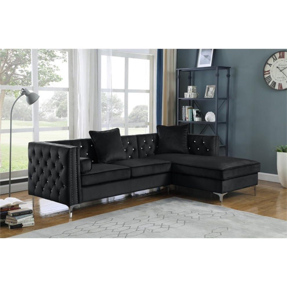 Black Velvet Upholstered Sectional with Storage and Faux Crystal Tufts   Midcentury   Sectional Sofas   by Homesquare  Houzz