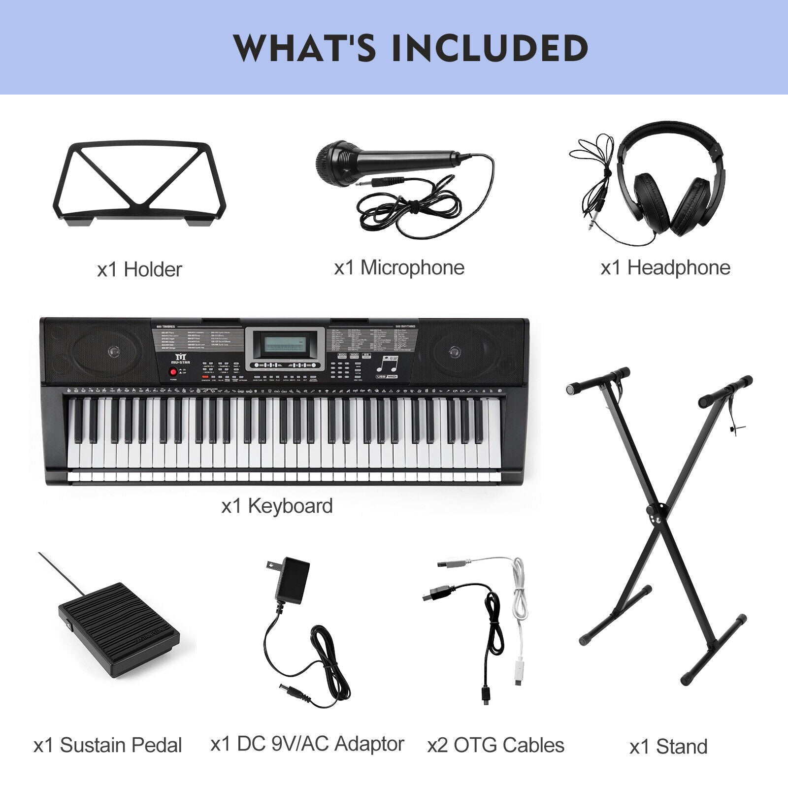 Mustar 61 Lighted Keys Electronic Keyboard Piano Set with USB MIDI， Headphones， Microphone， Sustain Pedal， Stand for Beginner