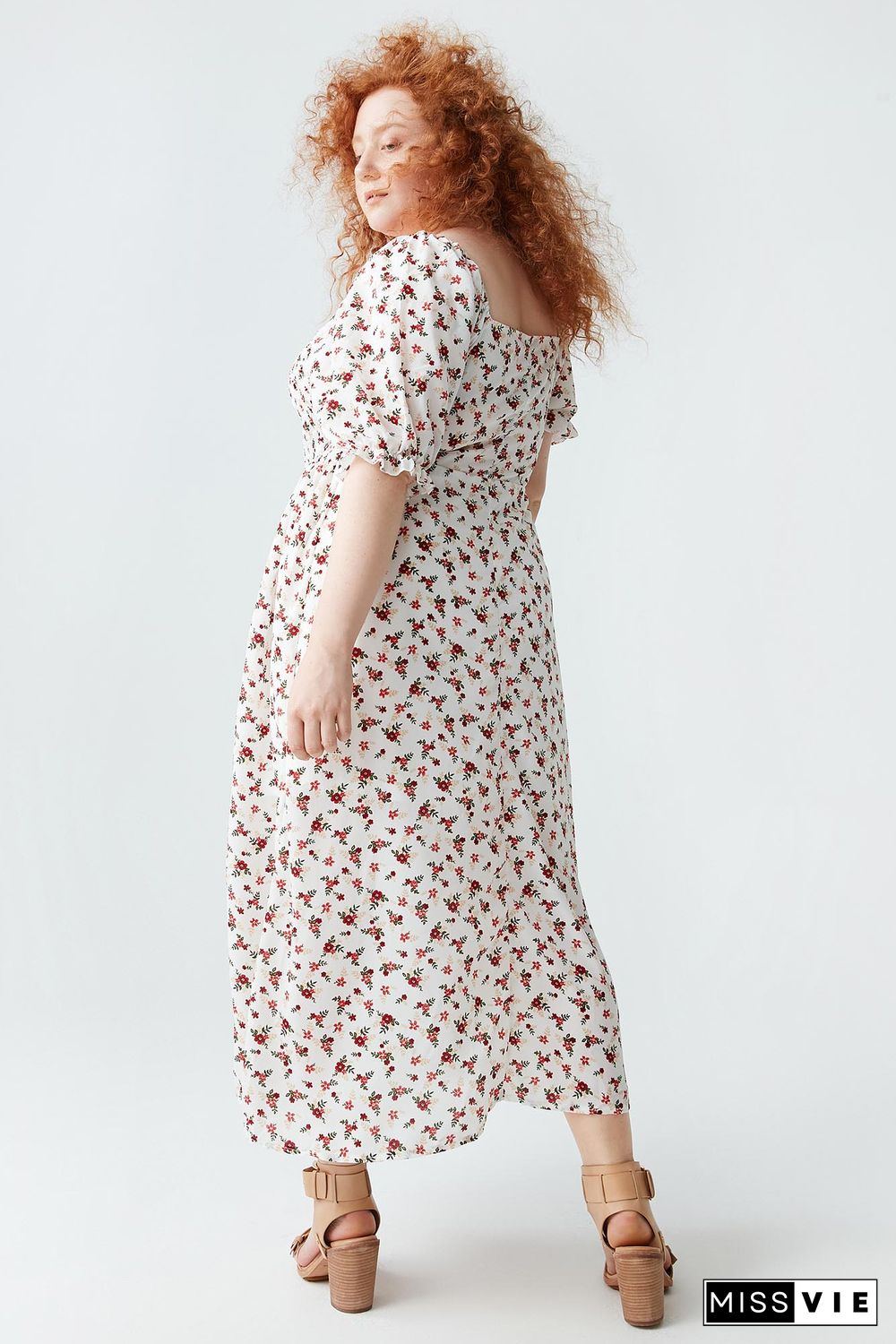 Floral-Print Puff Sleeve Midi Dress P11999