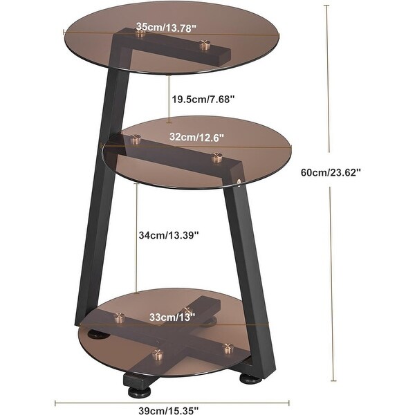 Round End Table Tempered Glass Side Table with Metal Frame，Tawny