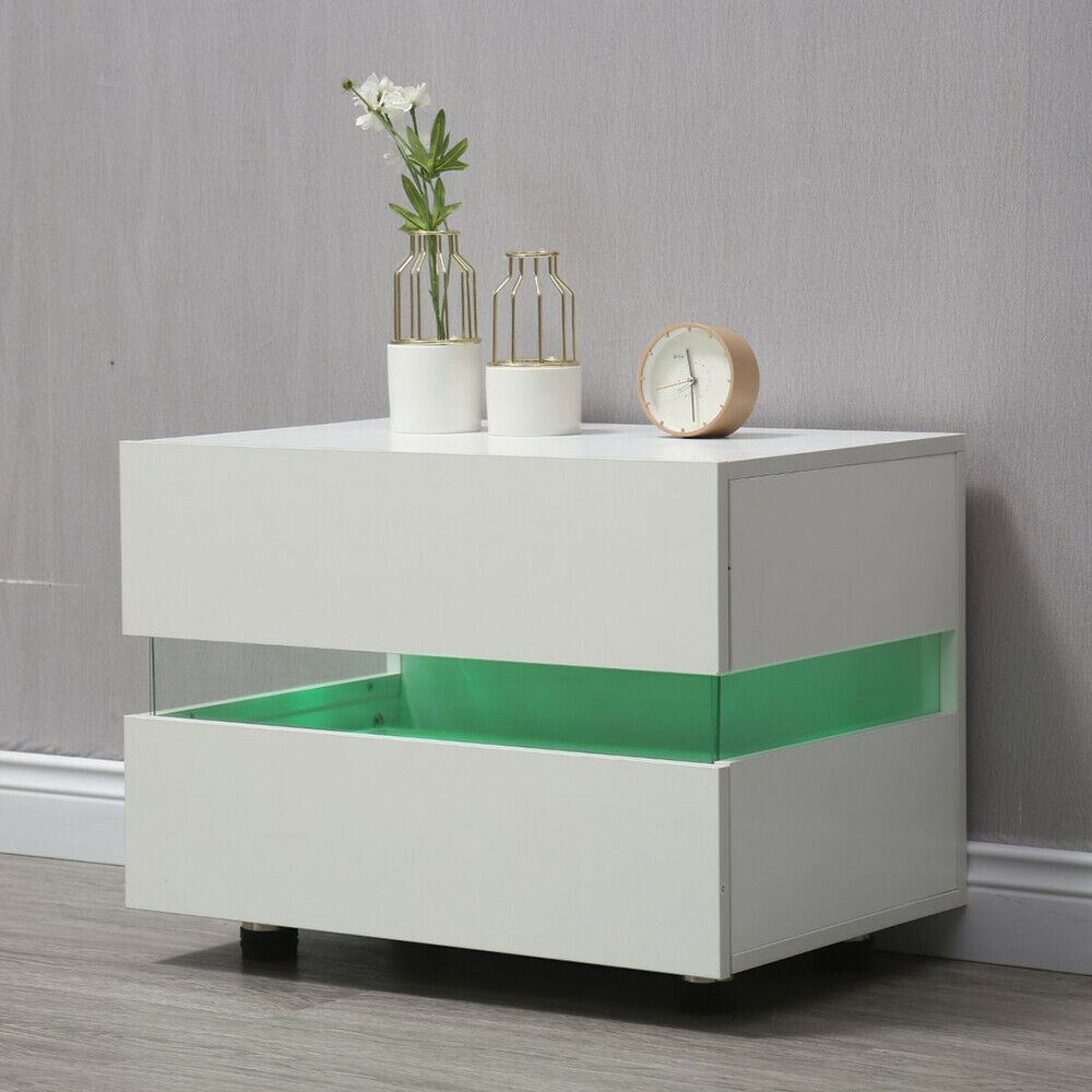 Oukaning White Bedside End Table Nightstand 2 Drawers w/ Multi-Colour LED Backlight