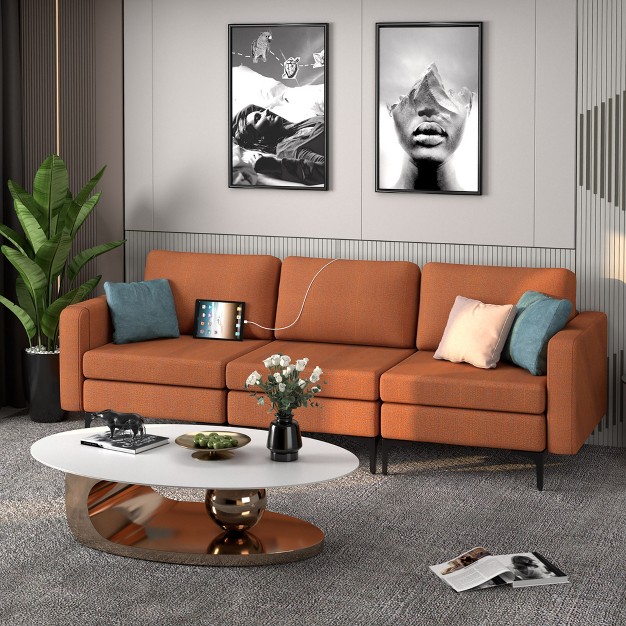 Costway Modular 3 seat Sofa Couch W Socket Usb Ports amp Side Storage Pocket Orange dark Grey