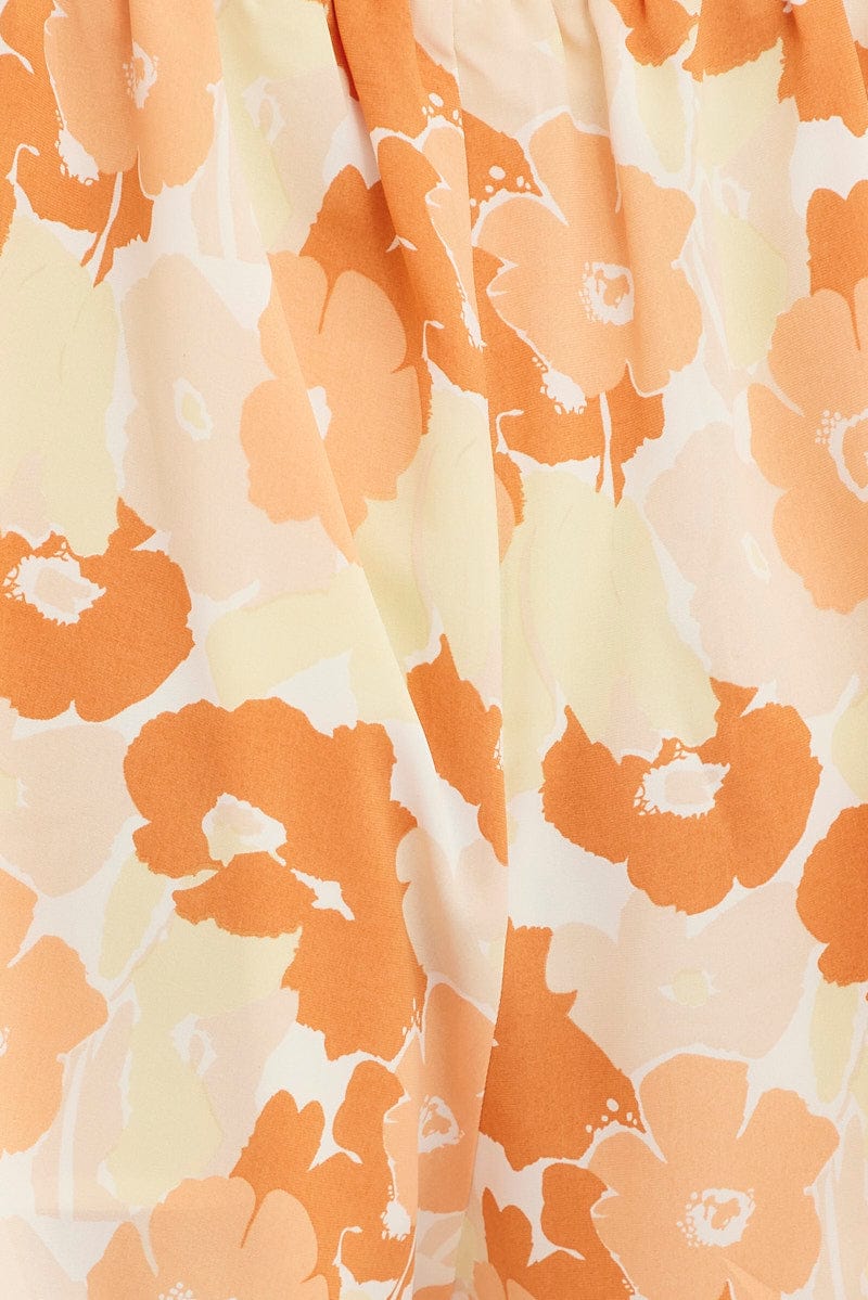 Orange Floral Mini Short Elastic Waist Floral Print