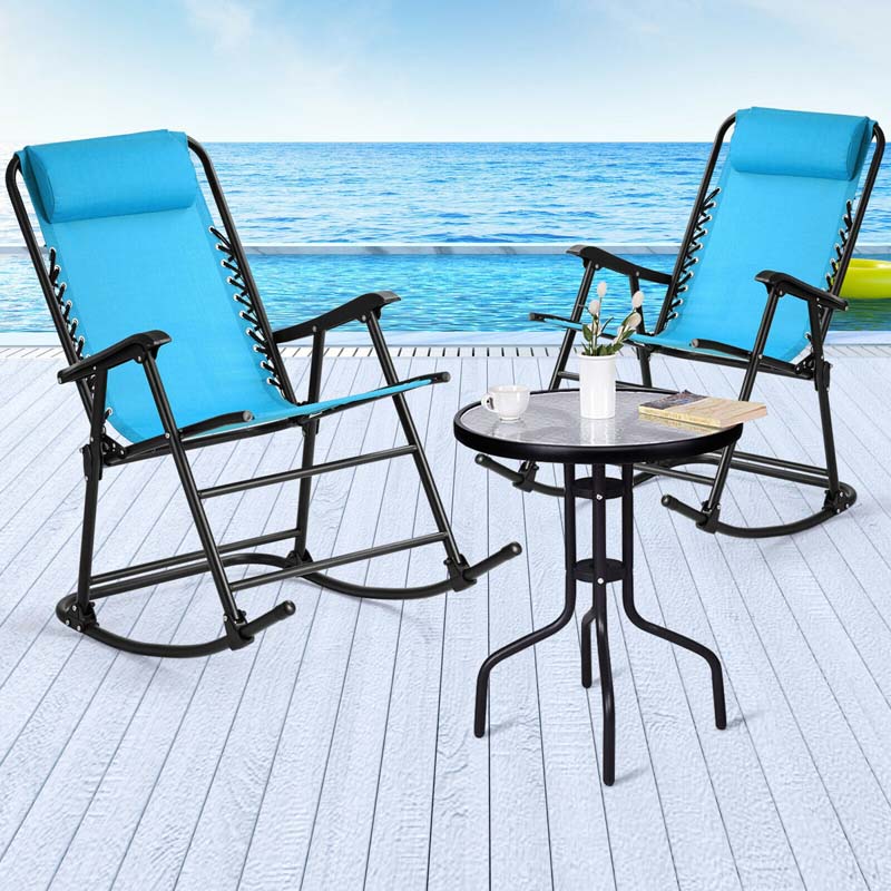 Patio Folding Zero Gravity Rocking Chair Outdoor Beach Camping Chair with Pillow & Armrests