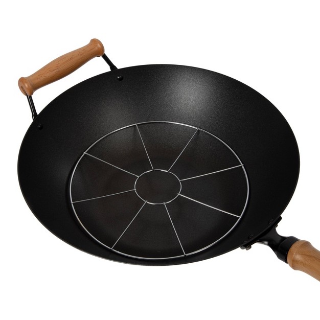 Carbon Steel Excalibur Nonstick Flat Bottom Wok With Maple Handles Silver