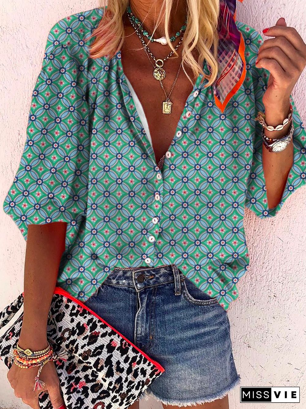 Plus size Boho Geometric Printed Casual Blouse