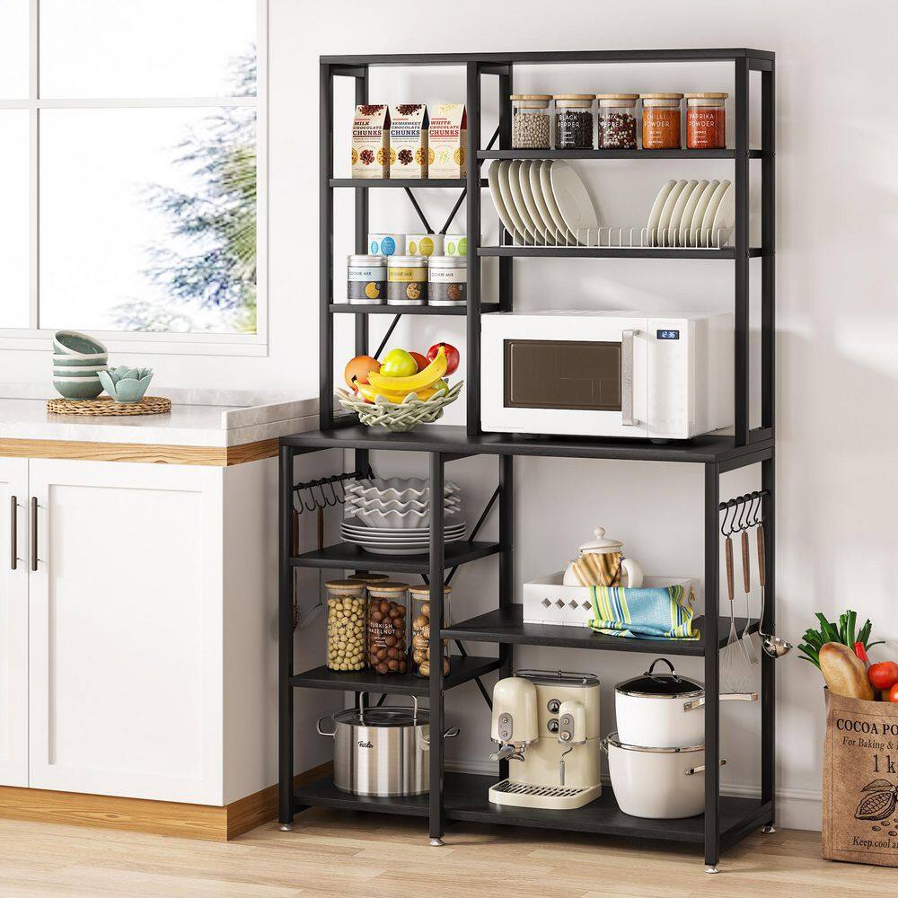 TRIBESIGNS WAY TO ORIGIN Bachel Black Kitchen Baker's Rack with Hutch and 10-S-Shaped Hooks HD-ZYJW0187