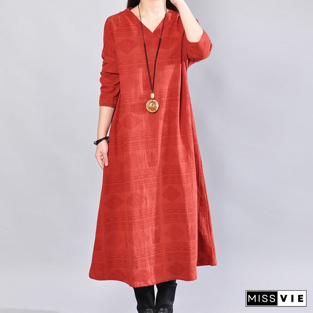 fashion burgundy Midi-length linen dress oversize linen clothing dresses Elegant back side open v neck linen clothing dress