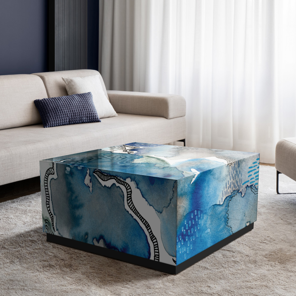 quotSubtle Blues II quotReverse Printed Art Glass Cocktail Table with Black Plinth Base   Contemporary   Coffee Tables   by Empire Art Direct  Houzz