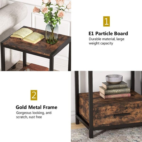 Industrial End Table with Drawer and Storage Shelves， Side Table and Nightstands