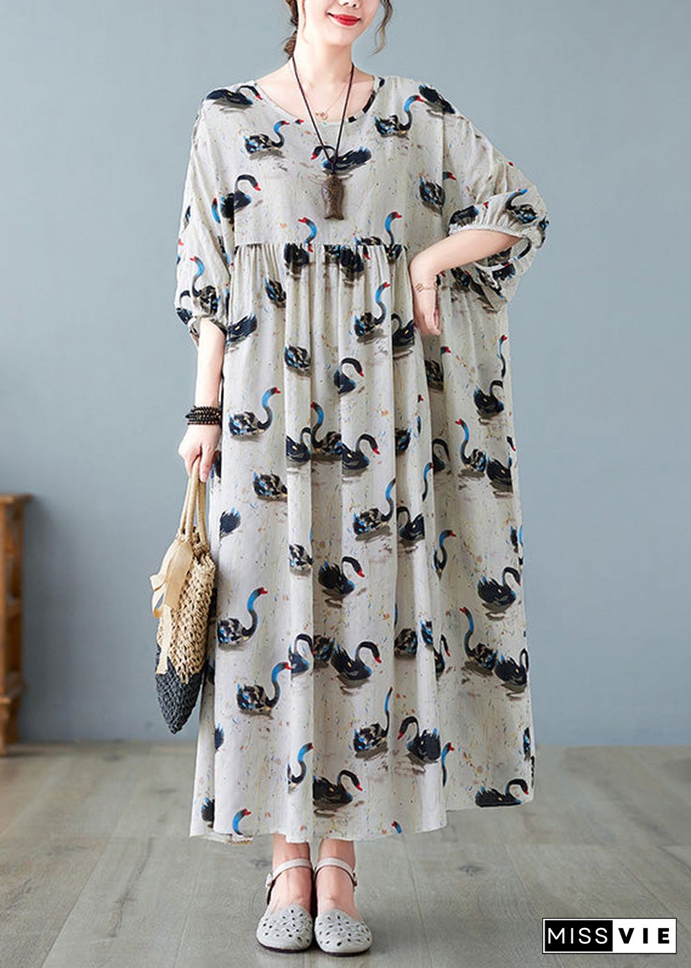 Handmade Black O-Neck Swan Print Patchwork Cotton Maxi Dresses Half Sleeve