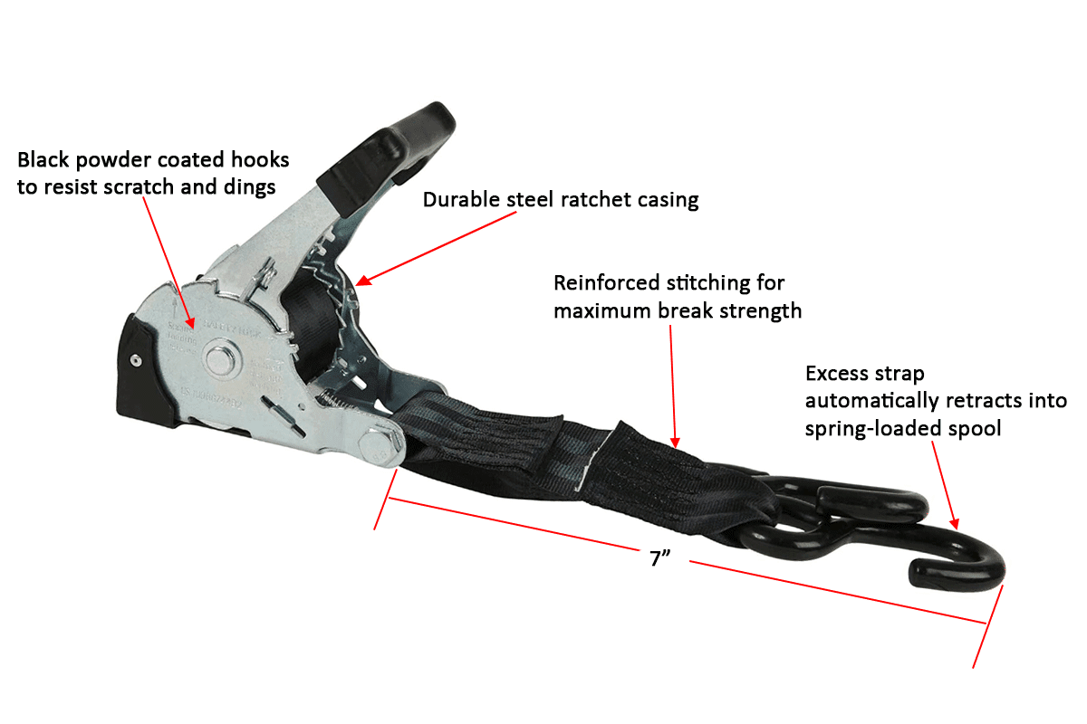 Mytee Products (4 Pack) Auto Retract NO-RATCHETING Ratchet Straps | 2" x 10' Retractable Ratchet Straps with Coated S Hook Tiedowns for Motorcycles, ATVs, Bikes: Tight & Secure Pickup Trailer Tie-Down